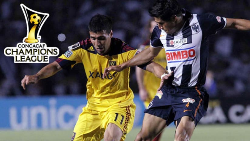 Javier Morales battles for the ball in CCL play