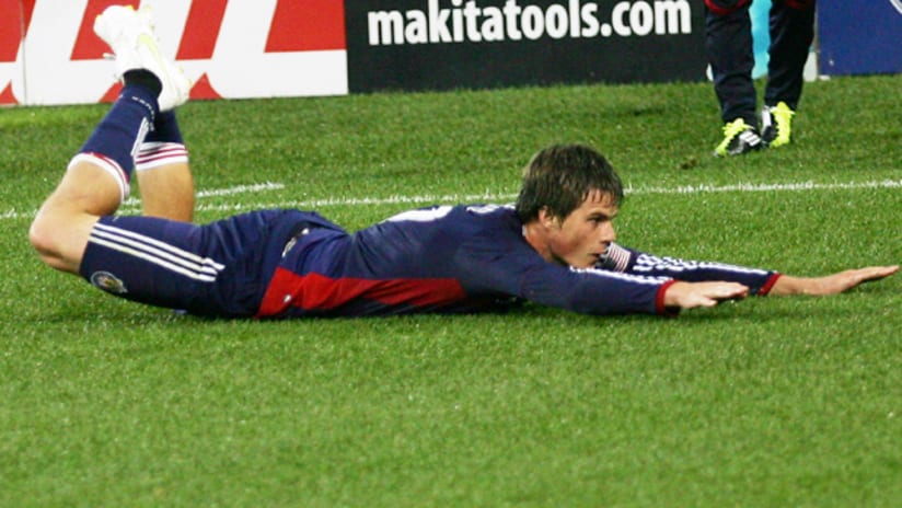 Chivas USA's Justin Braun celebrates his second goal against the New York Red Bulls on Sunday night at Red Bull Arena.