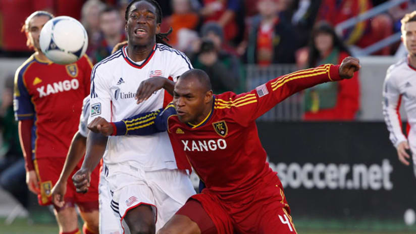 New England's Shalrie Joseph and Real Salt Lake's Jamison Olave clash over a loose ball, May 5, 2012.