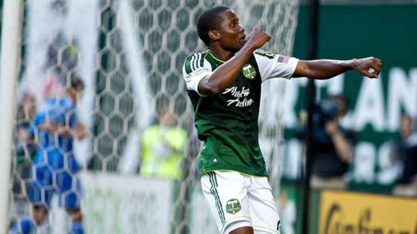 Portland's Danny Mwanga celebrates his first goal for the Timbers, July 3, 2012.