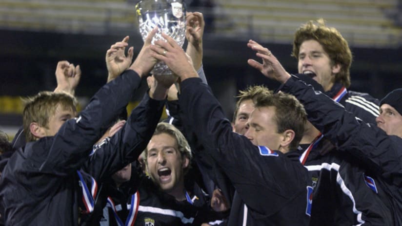 The Columbus Crew hoist the US Open Cup in 2002