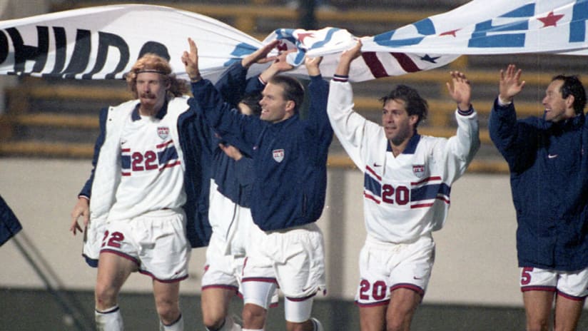 Eric Wynalda, Alexi Lalas, Mike Sorber - United States - Celebrate after 1995 Copa America vs. Mexico