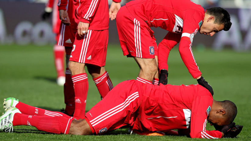 Chicago Fire defender Cory Gibbs (bottom) is questionable to play in Saturday's game against the Seattle Sounders.