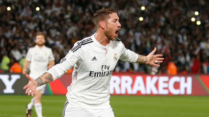 Real Madrid's Sergio Ramos celebrates scoring against Cruz Azul