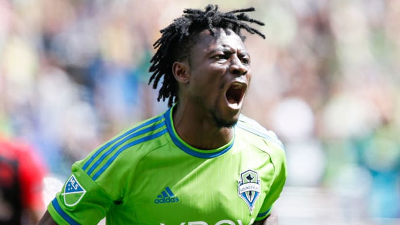 Seattle Sounders FC forward Obafemi Martins screams after scoring a goal