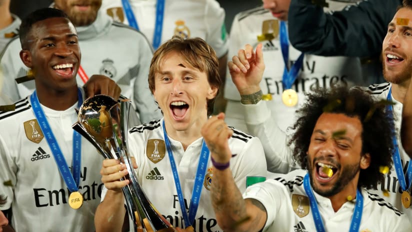 Luka Modric - Marcelo - Vinicius Junior - celebrating Real Madrid's Club World Cup win - trophy