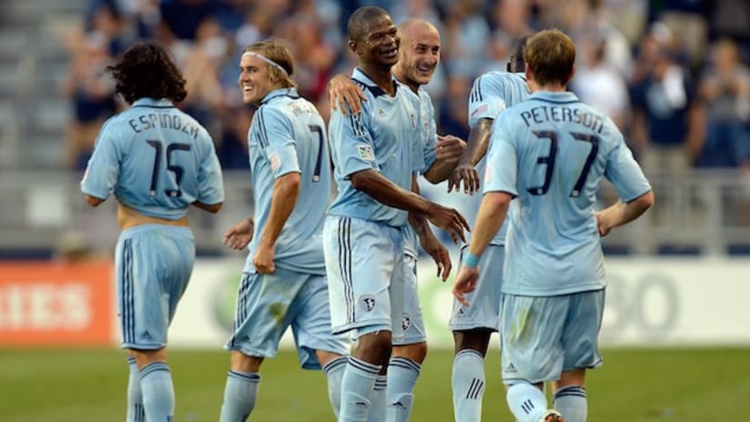sporting kansas city celebrate during 2-0 victory over toronto fc