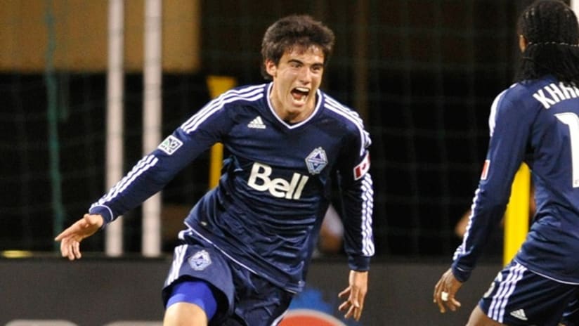 Vancouver's Omar Salgado celebrates his first professional goal.