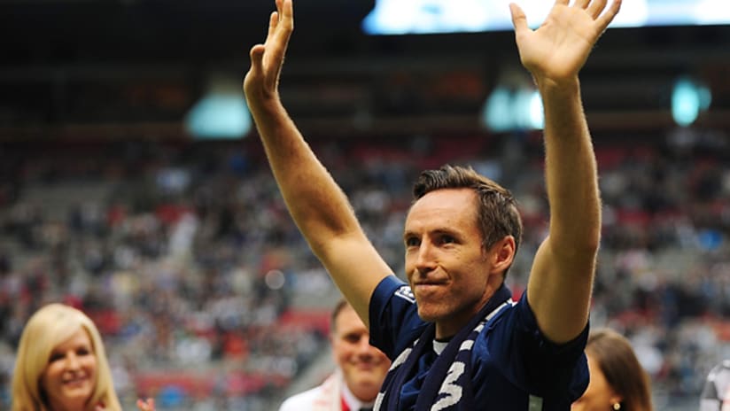 Steve Nash waves to Whitecaps crowd at BC Place