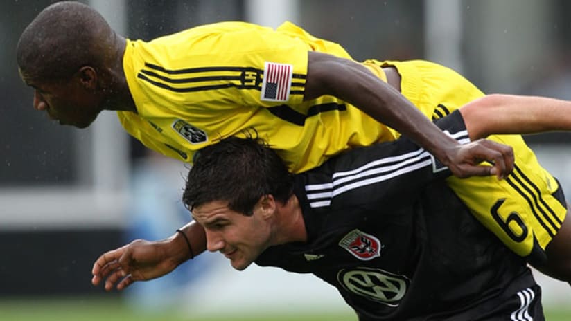 Andy Iro (top) is looking to establish himself on the back line with Columbus in 2010.