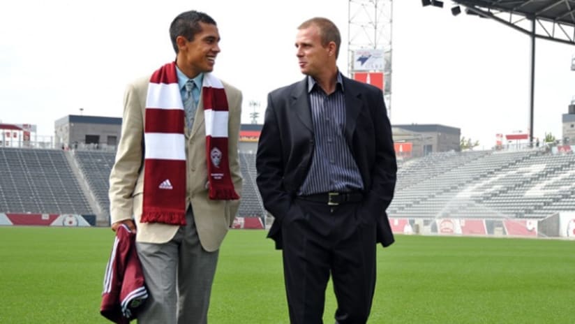 New Colorado recruit Davy Armstrong stands next to Rapids head coach Gary Smith.