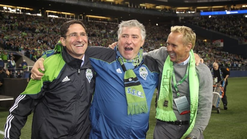 seattle sounders owner adrian hanauer, manager sigi schmid and general manager chris henderson
