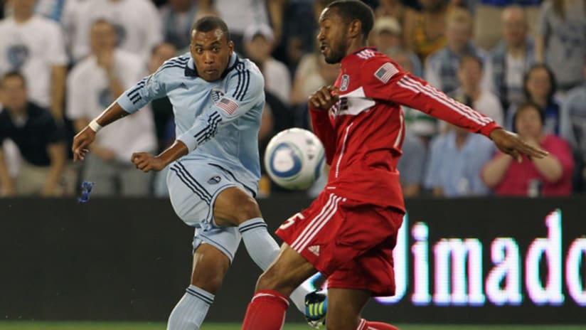 Sporting's Teal Bunbury has a shot against Chicago in the Livestrong Sporting Park opener, June 9, 2011.