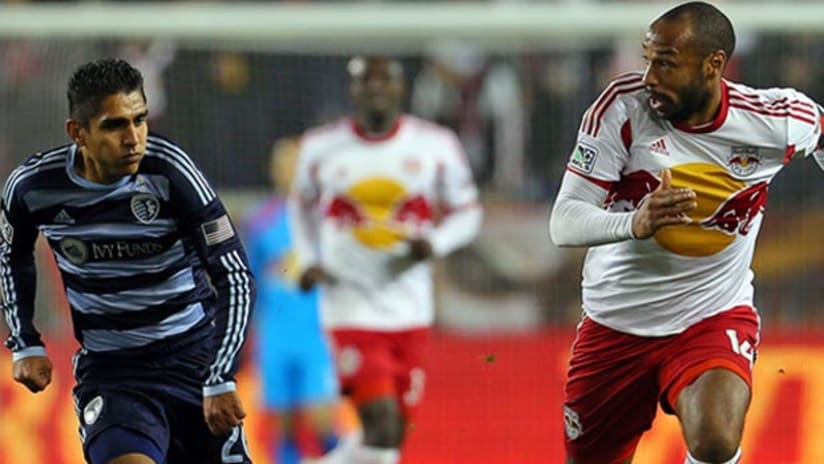Jorge Claros (Sporting KC) and Thierry Henry (New York Red Bulls)
