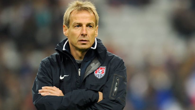 Jurgen Klinsmann watches during the US-Slovenia friendly.