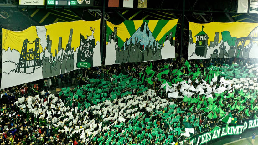 The Timbers Army displays some tifo on April 14 against Chicago.