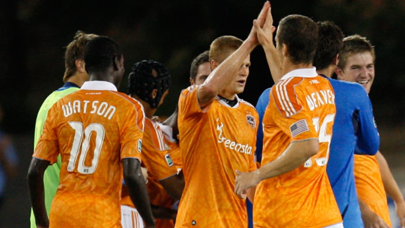 The Dynamo celebrate their last-minute win over RSL