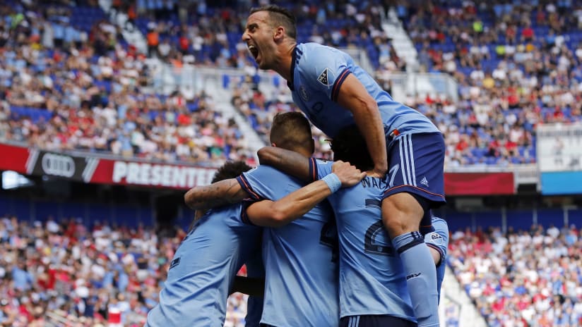 NYCFC celebrate a goal at Red Bull Arena, New York Derby, June 2017