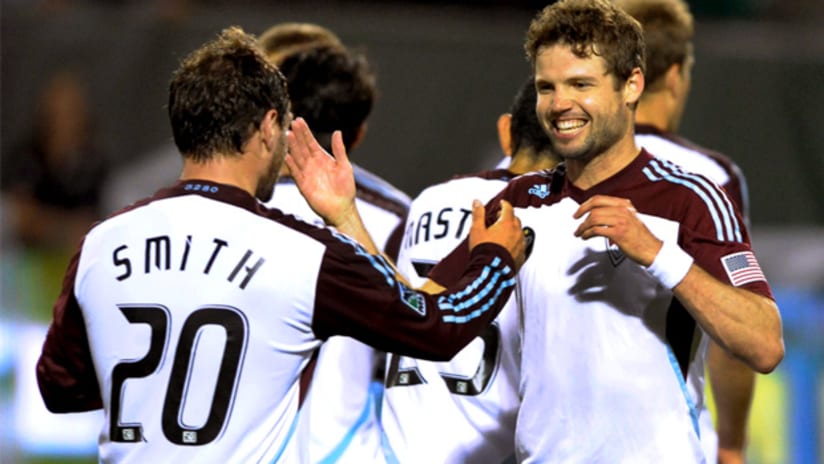 Rapids' Drew Moor celebrates his goal with Jamie Smith after a 1-0 win at Portland.