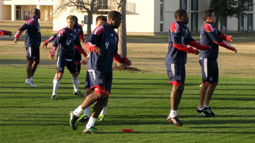 Chicago Fire players carry out a drill during preseason training.