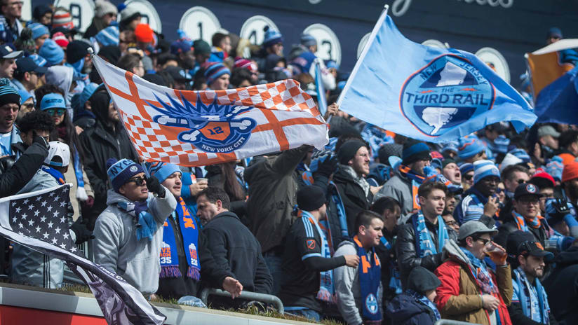 New York City FC supporters groups - Third Rail and others with flags - Yankee Stadium