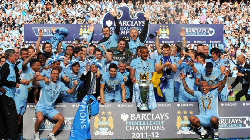 Manchester City celebrate the 2011-12 Premier League title.