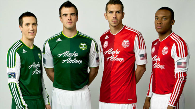 Portland Timbers players don their new 2011 home and away kits.