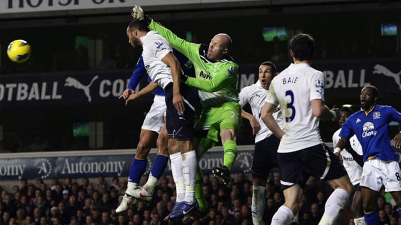 Tottenham 'keeper Brad Friedel punches the ball away vs. Everton