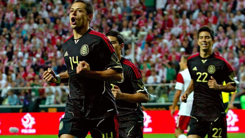 Mexico's Javier "Chicharito" Hernandez celebrates his equalizer in a friendly vs. Poland.