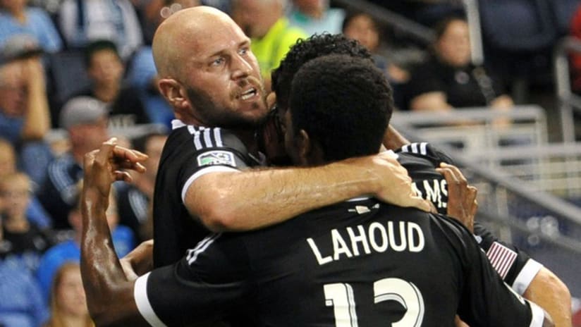 Conor Casey and Michael Lahoud celebrate Casey's goal vs. Sporting (Bethlehem Steel kits)