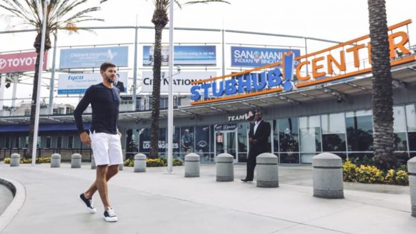 LA Galaxy's Steven Gerrard arrives at StubHub Center