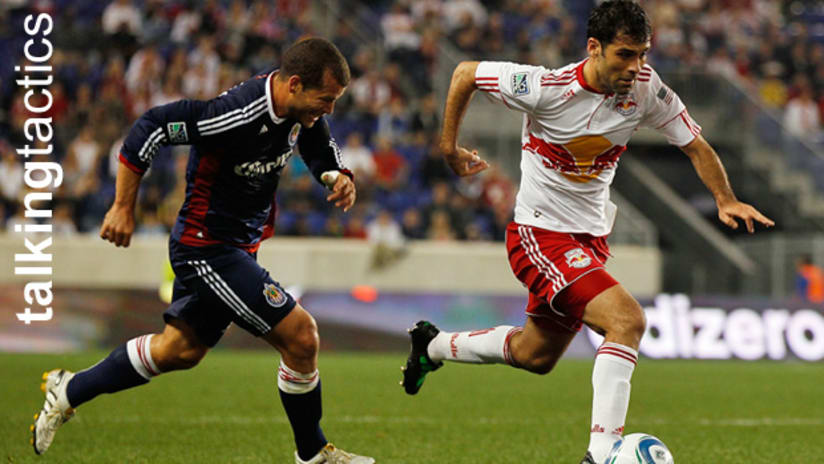 Talking Tactics: Chivas USA's Alejandro Moreno chases New York's Rafa Marquez, May 15, 2011.