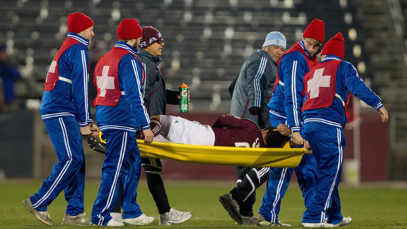 Colorado's Jamie Smith is taken off the field after suffering a knee injury on Thursday night against Columbus.
