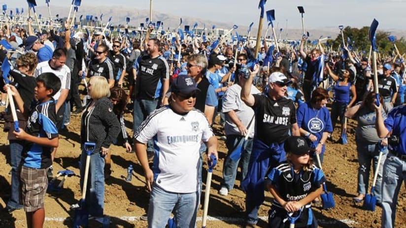San Jose Earthquakes fans with shovels at stadium groundbreaking, October 21, 2012