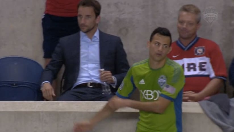 Seattle Sounders' Marco Pappa goes the wrong way after subbing off against Chicago Fire.