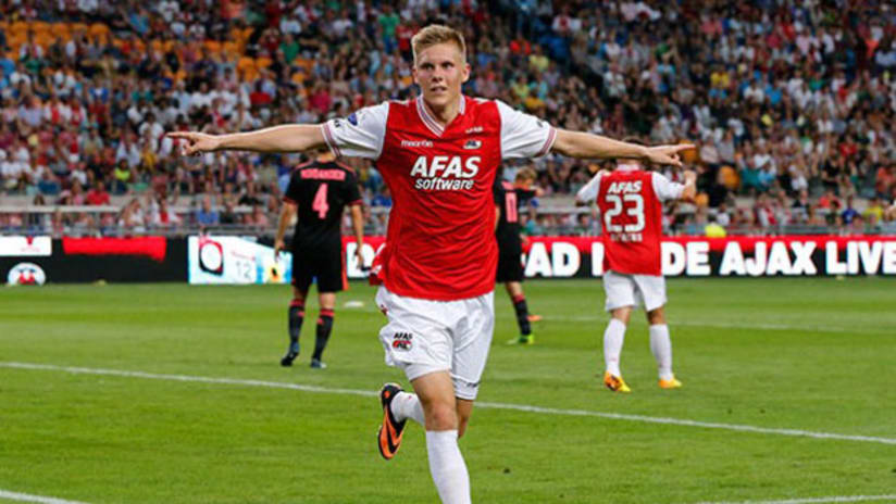 Aron Johannsson celebrates a goal for AZ Alkmaar