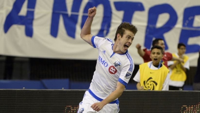Montreal Impact rookie Cameron Porter celebrates stoppage-time goal against Pachuca in Champions League quarterfinals