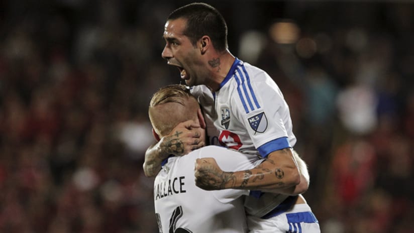 Andres Romero and Calum Mallace celebrate a goal for Montreal Impact vs. Alajuelense