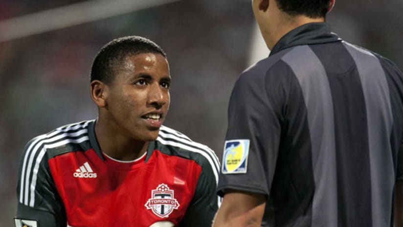 Toronto FC's Joao Plata argues with a referee during the CCL semifinals on Wednesday night.