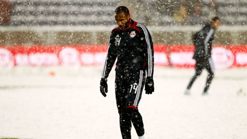 Thierry Henry, New York Red Bulls, checks the field at snow-covered Red Bull Arena