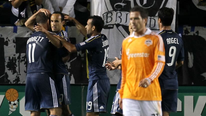 Landon Donovan and the Galaxy celebrate in front of Hunter Freeman