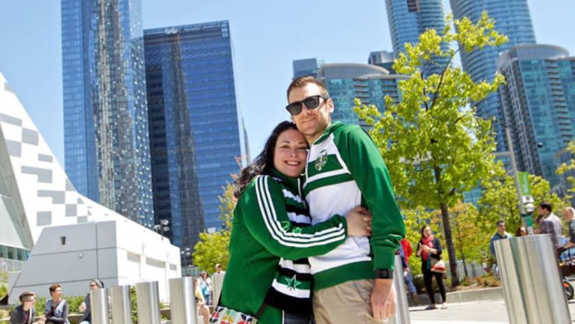 Portland Timbers fans Alex Cook and Kristy Faricy in Toronto.