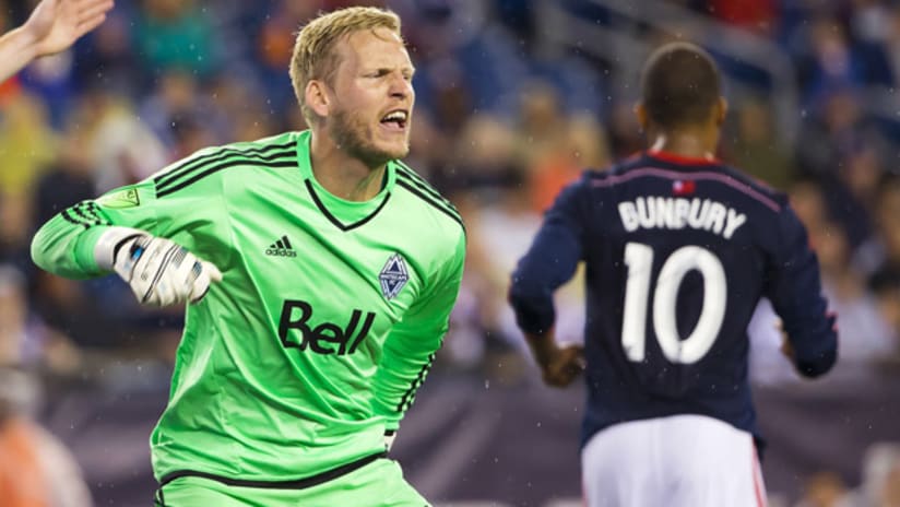 David Ousted (Vancouver Whitecaps) reacts after making a save vs. the New England Revolution