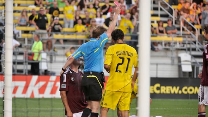 Conor Casey receives a red card against Columbus, June 26, 2011.