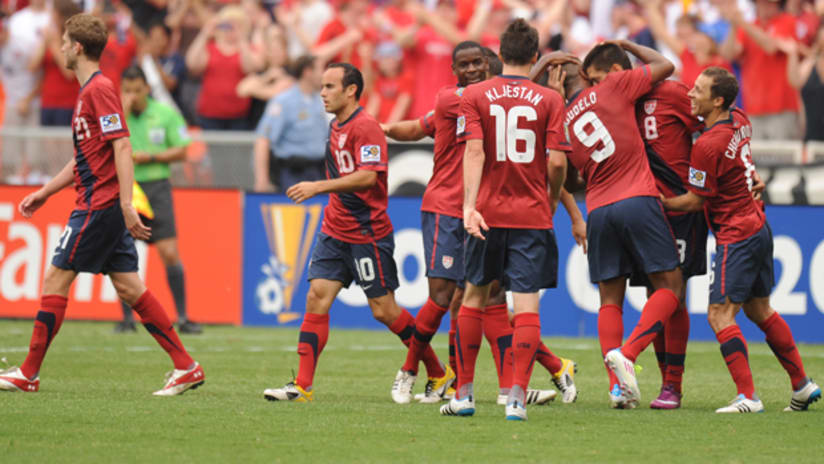 The US celebrate Clint Dempsey's goal against Jamaica