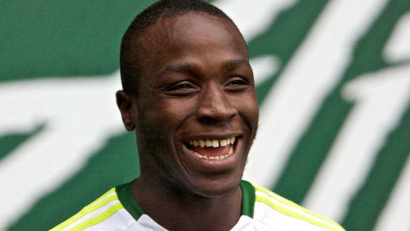 Andrew Jean-Baptiste smiles while being interviewed at Portland Timbers preseason training