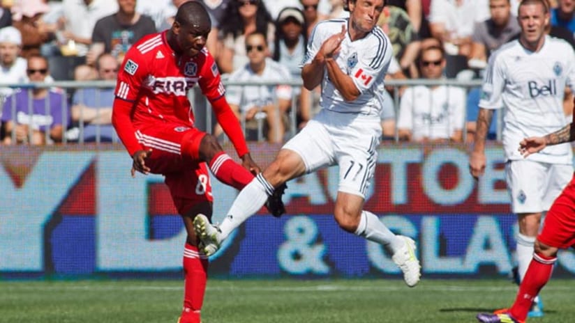 Yamith Cuesta clears the ball against Vancouver, August 7, 2011.
