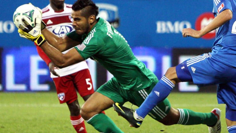 Raul Fernandez, FC Dallas, dives for a save against Montreal Impact.