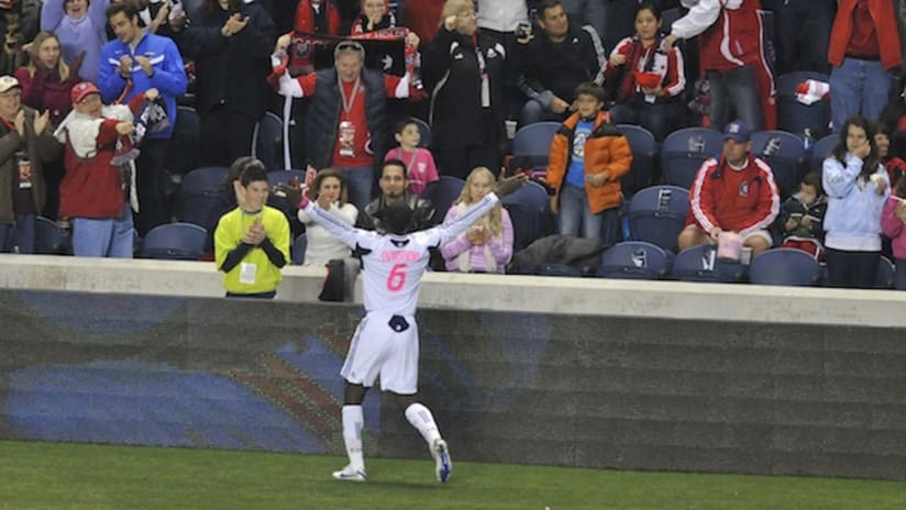 chicago fire defender jalil anibaba celebrates a goal vs. columbus