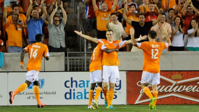 Dynamo celebrate with Cam Weaver in HOUvCLB